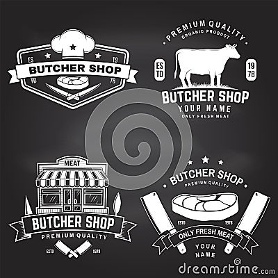 Set of butcher shop badge or label with cow, Beef, steak on chalkboard. Vector. Vintage typography logo design with cow Vector Illustration