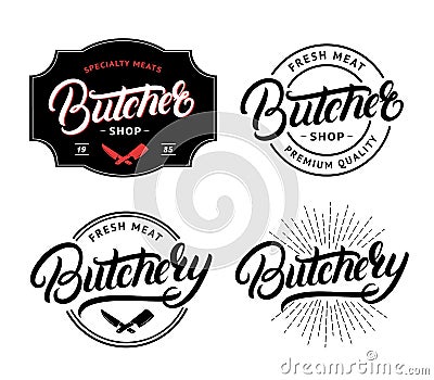 Set of Butcher Shop and Butchery hand written lettering logo, label, badge, emblem. Vector Illustration