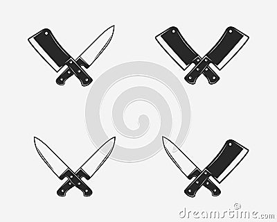 Set of butcher shop icons. Crossed meat knives. Meat cleaver and chef knife isolated on white background. Vector illustration Vector Illustration