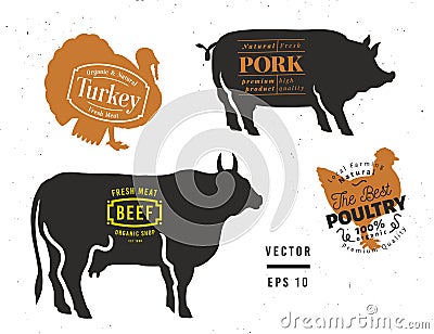 Set of butcher shop labels and design elements. Graphical bull, pig, turkey, chicken silhouettes. Hand drawn vintage farm Cartoon Illustration