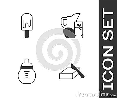 Set Butter in a butter dish, Ice cream, Baby milk bottle and Milk jug or pitcher and glass icon. Vector Vector Illustration