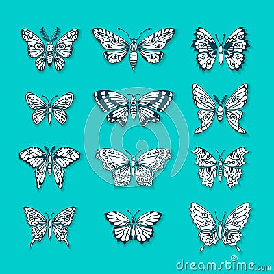 Set of Butterflies Decorative Isolated Silhouettes Vector Illustration