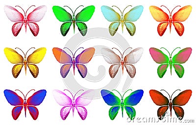 Set of butterflies of different colors isolated on white background Stock Photo