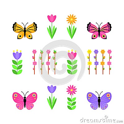 Set of butterflies and flowers. Vector illustration. Vector Illustration