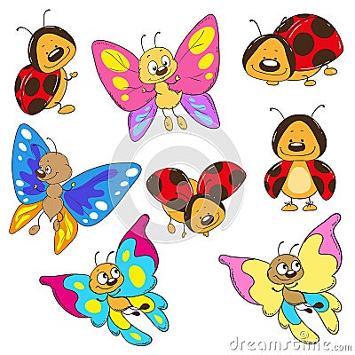 Set butterflies and ladybugs. Cartoon insect Stock Photo