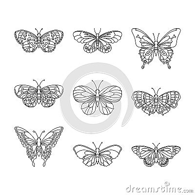 Set of butterfly, black outline. Vector Illustration