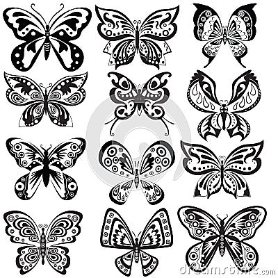 Set butterfly in black and white Vector Illustration