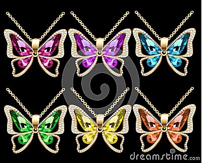 set of butterfly pendants with precious stones Vector Illustration
