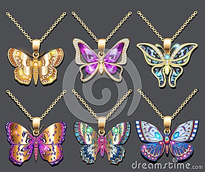 set of butterfly pendants with precious stones Vector Illustration