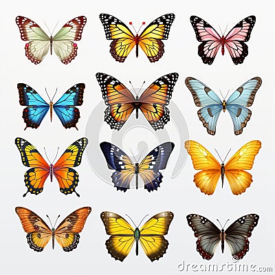 Vibrant Butterfly Illustrations: Realistic Color Schemes And Exaggerated Poses Cartoon Illustration