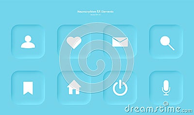 Set of buttons for designing user interface in blue. Elements, icons for mobile devices in the style of neumorphism, UI Vector Illustration