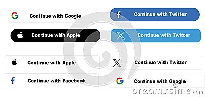 Set of buttons with realistic shadows Continue with Google, Continue with Facebook, Continue with Apple Vector Illustration