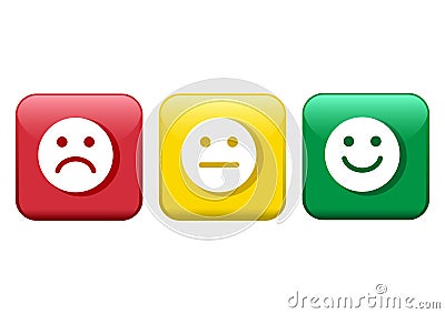 Set of buttons. Red, yellow, green smileys emoticons icon negative, neutral and positive, different mood. Vector Cartoon Illustration