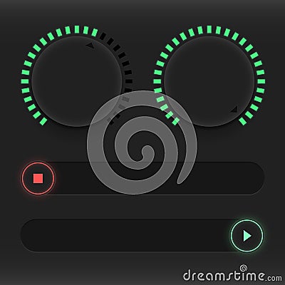 Set of buttons and sliders. Luminous, neon control user interface. Sound management. Red and green sliders on and off Cartoon Illustration