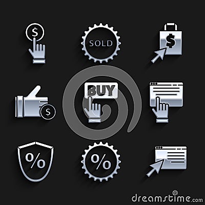 Set Buy button, Discount percent tag, Online shopping screen, Loan, Hand holding coin, Shoping bag dollar and icon Vector Illustration