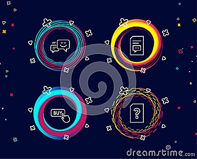 Buy button, Happy emotion and Comments icons. Unknown file sign. Vector Illustration