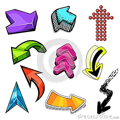 Set of c abstract graffiti arrows. Cartoon teenage creative image. Vector Illustration