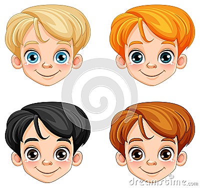 Set of c ute boy head cartoon character in different race and hair colour Vector Illustration