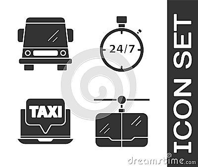 Set Cable car, Car, Laptop call taxi service and Stopwatch 24 hours icon. Vector Vector Illustration