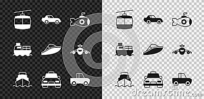 Set Cable car, Car, Submarine, Cruise ship, Taxi, Pickup truck, Cargo with boxes delivery and Speedboat icon. Vector Stock Photo