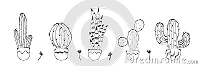 Set of cacti in pots. Hand drawn cactus lineart. Home plants succulents black and white pattern. Cute cactus doodle Vector Illustration