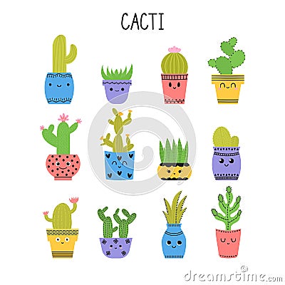 Set of cacti and succulents. Cacti in flower pots. Cartoon icons. Collection of exotic plants Vector Illustration