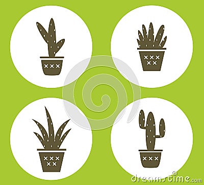 Set of cactus in pots simple print. Icons Vector Illustration
