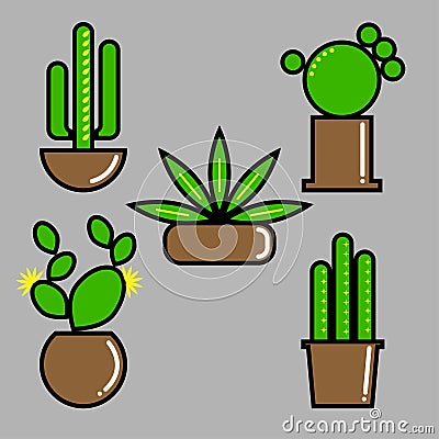 Set of cactuses in pots Cartoon Illustration