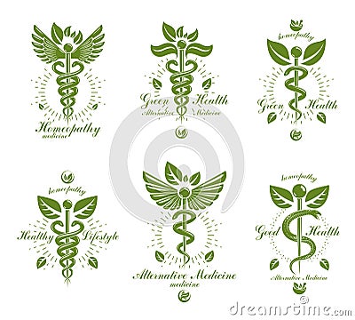 Set of Caduceus vector conceptual emblems created with snakes and green leaves. Wellness and harmony metaphor. Alternative Vector Illustration