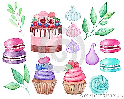 Set cake, cupcake, macaroons, marshmallows, branches watercolor illustration on white background. Hand drawn Cartoon Illustration