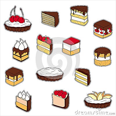 Set of cake stickers. Hand drawn illustration Vector Illustration