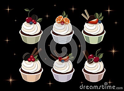 Set of cakes with berries fruits chocolate oreo cookies waffles cherries strawberries currants Vector Illustration