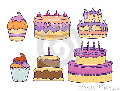 Set cakes with cherrys and sweet muffins Vector Illustration