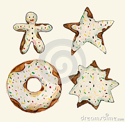 Set of cakes collection. Birthday cake, star, gingerbread cookie, chocolate donut. watercolor aquarelle illustration - isolated Cartoon Illustration