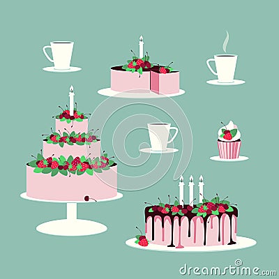 Set of cakes decorated with fresh berries Vector Illustration