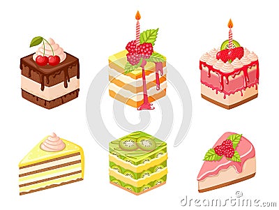 Set of Cakes with Fruits, Berries and Whipped Cream. Confectionery Dessert, Sweet Pies, Pastry, Bakery or Patisserie Vector Illustration