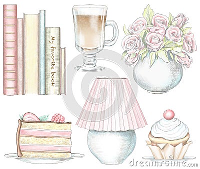 Watercolor and lead pencil graphic set of cakes, lamp, books, vase with flowers and glass of coffee Cartoon Illustration