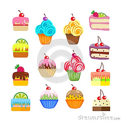 Set of cakes and pastries. Sweet desserts. Vector, illustration isolated on white background EPS10. Vector Illustration