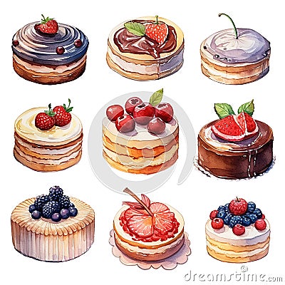 set of cakes and pastries with whipped cream, berries and chocolate. in vintage style, retro. Dessert Stock Photo