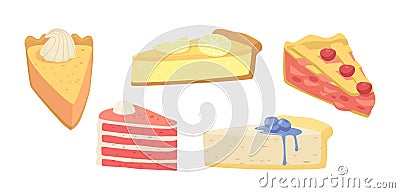 Set of Cakes and Pies Dessert, Confectionery Sweets, Pastry, Bakery Patisserie Production. Sweet Cakes or Cupcakes Vector Illustration