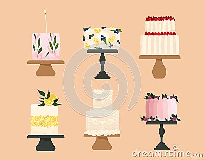 Set of cakes on plates concept Vector Illustration