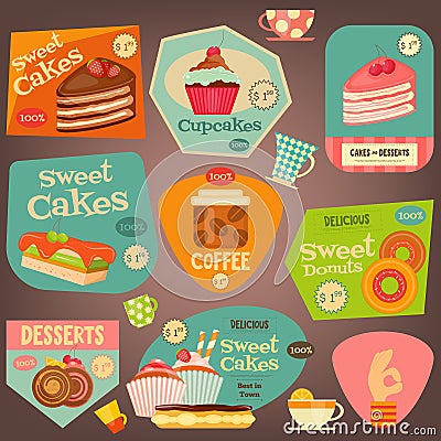 Set of Cakes Stickers Vector Illustration