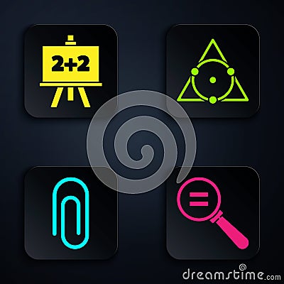 Set Calculation, Chalkboard, Paper clip and Triangle math. Black square button. Vector Vector Illustration