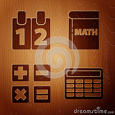 Set Calculator, Calendar, Calculator and Book with word mathematics on wooden background Stock Photo