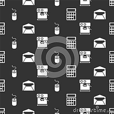 Set Calculator, Envelope, Computer mouse and Coffee machine on seamless pattern. Vector Vector Illustration