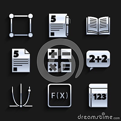 Set Calculator, Function mathematical symbol, Book with word mathematics, Equation solution, Graph, schedule, chart Stock Photo