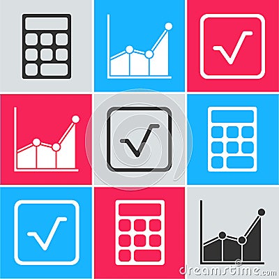 Set Calculator, Graph, schedule, chart, diagram and Square root icon. Vector Vector Illustration