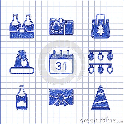 Set Calendar, Christmas postcard, Party hat, lights, Champagne bottle, Santa Claus, shopping bag and icon. Vector Vector Illustration