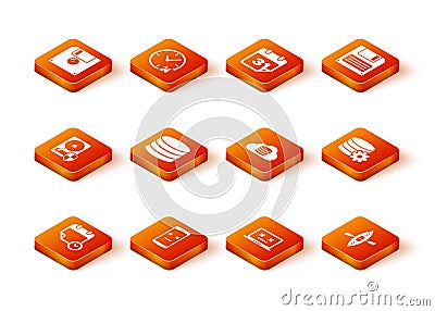 Set Calendar and clock, Dead mobile, Hard disk drive HDD protection, Database, laptop and Cloud database icon. Vector Stock Photo