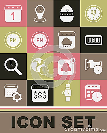 Set Calendar and clock, Time to sleep, Digital alarm, Kitchen timer, Morning, Day, and autumn icon. Vector Stock Photo